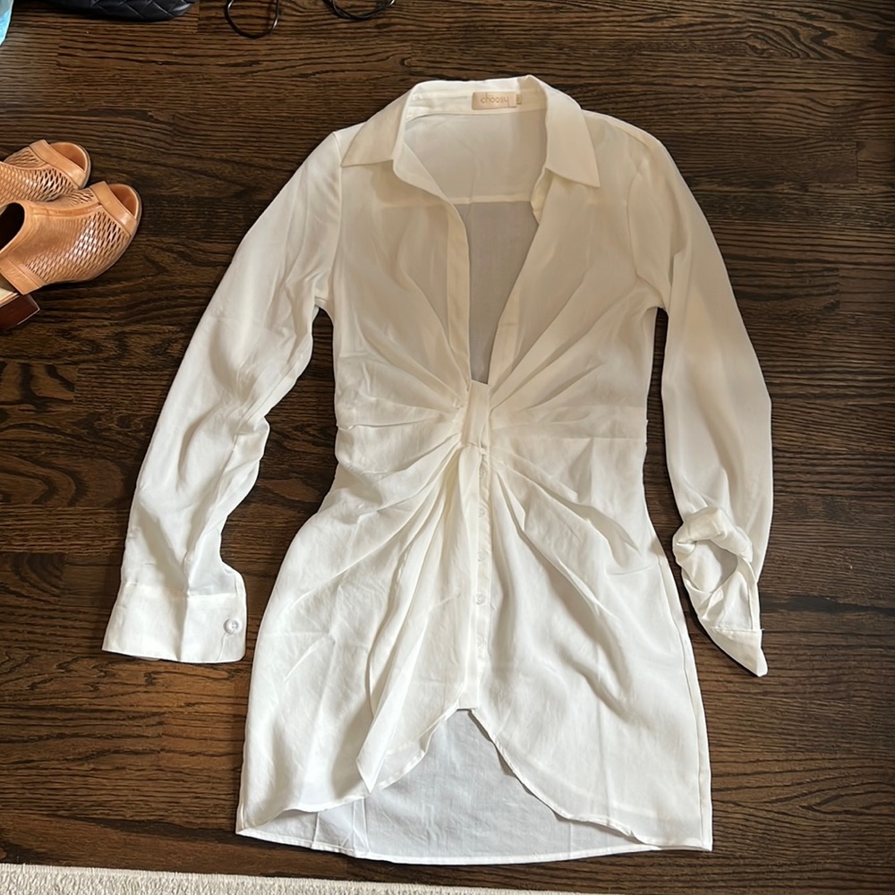 White sheer pool cover up … deep v plunging neck line… fitted at the waist